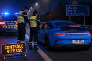 Une conductrice de 92 ans interpellée à 228 km/h sur autoroute au volant d’une Porsche 911 GT3. Image générée par IA